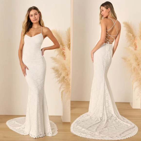 Lulus Perfectly Beloved White Lace Sleeveless Lace-Up Maxi Dress S Wedding Bride - Picture 1 of 12